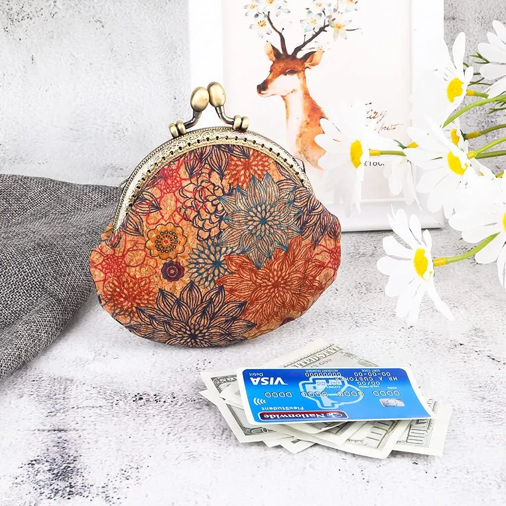 Oyachic Floral Buckle Coin Purses Vintage Pouch Kiss-lock Change Purse Wallets PU Wood Grain Key Holder Coin Bag Make Up Bag