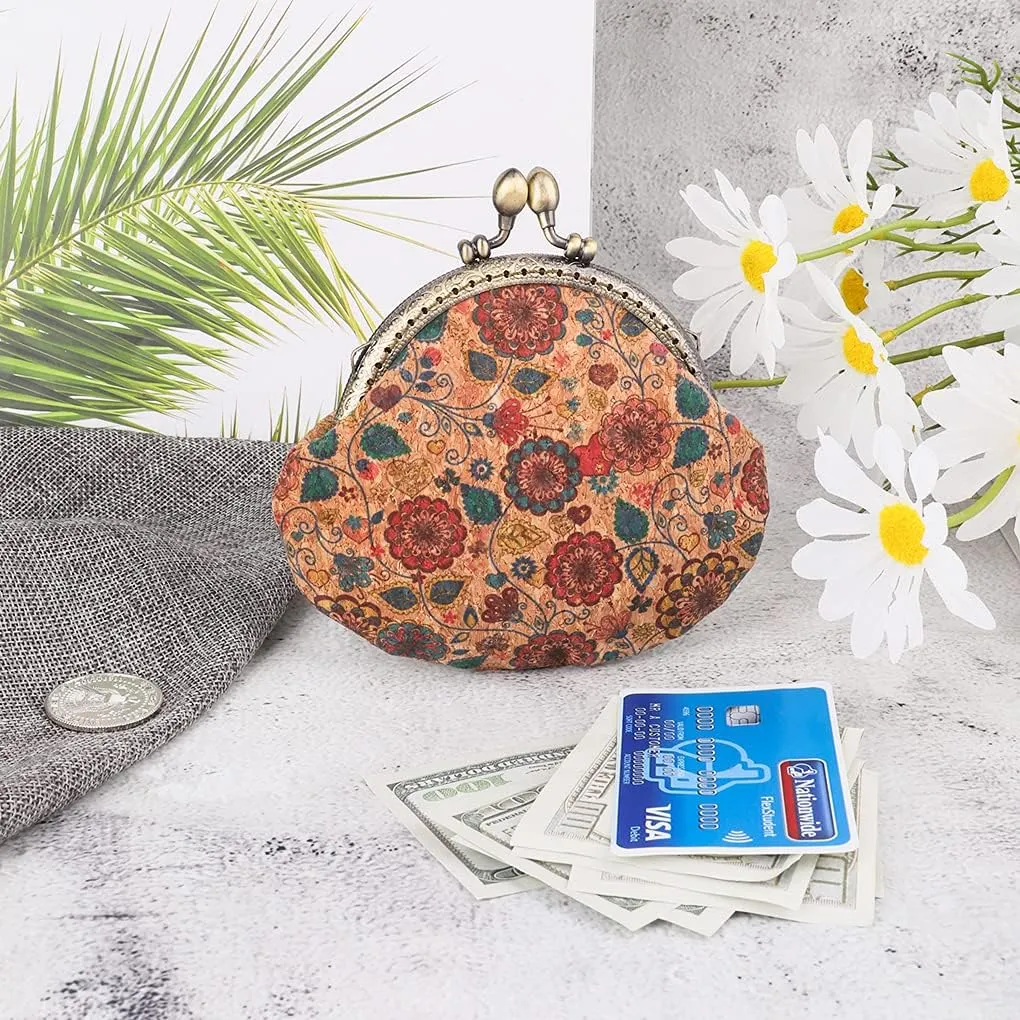 Oyachic Floral Buckle Coin Purses Vintage Pouch Kiss-lock Change Purse Wallets PU Wood Grain Key Holder Coin Bag Make Up Bag