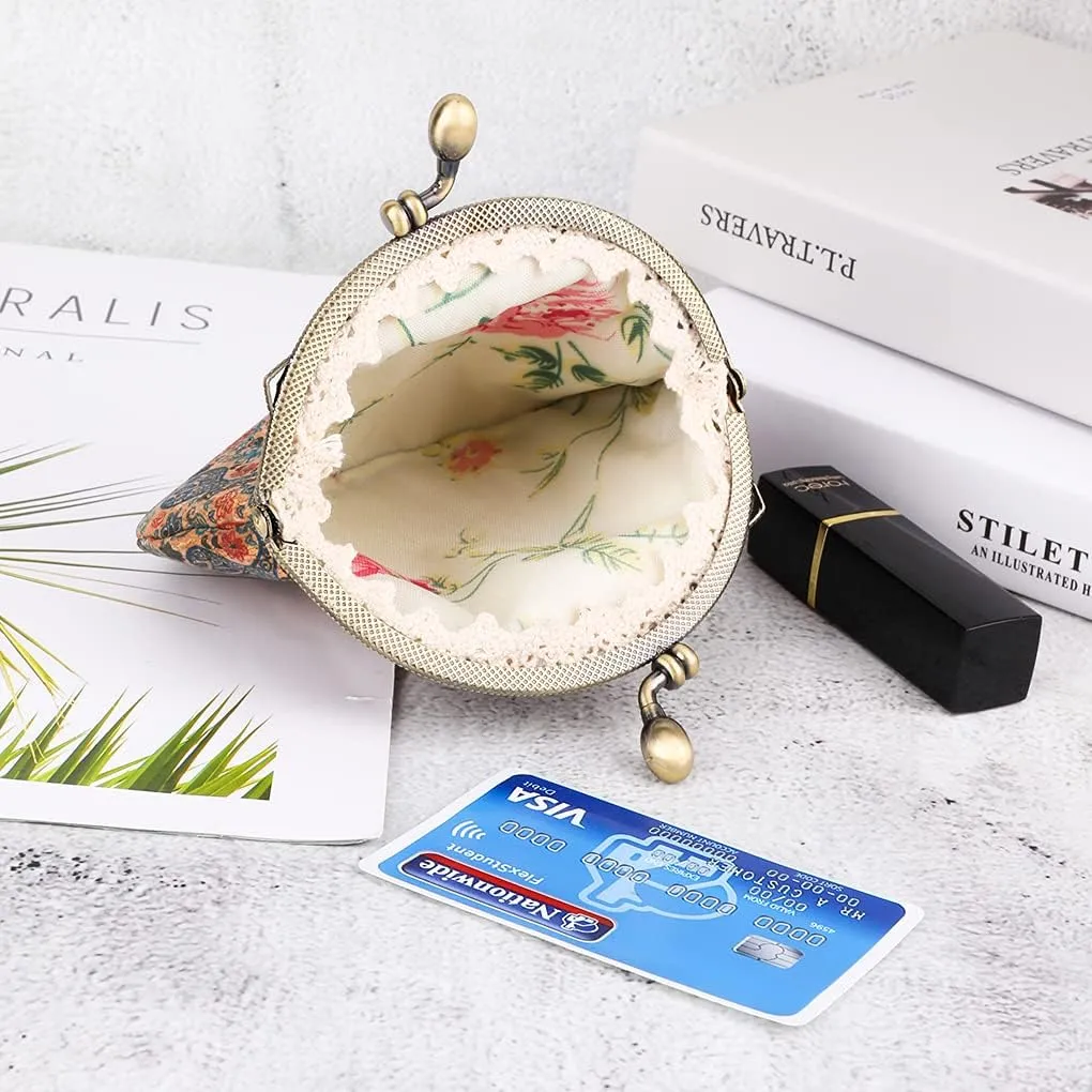 Oyachic Floral Buckle Coin Purses Vintage Pouch Kiss-lock Change Purse Wallets PU Wood Grain Key Holder Coin Bag Make Up Bag