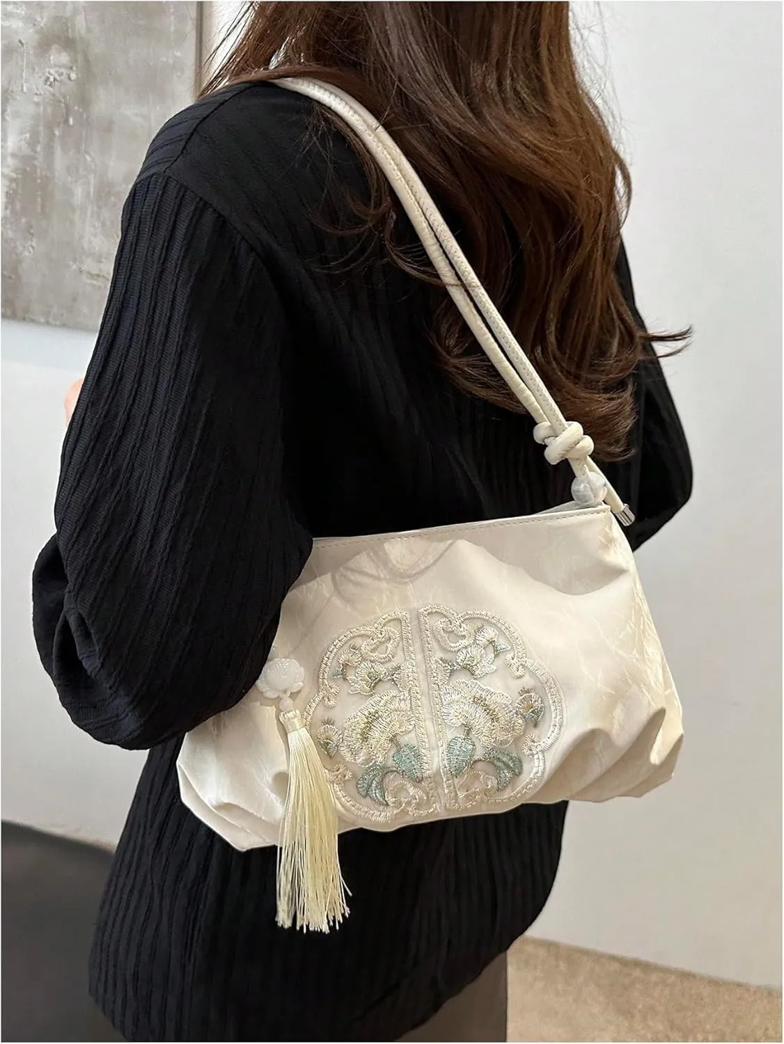 OYOANGLE Women's Floral Embroidered Shoulder Bags Fringe Small Underarm Purse Handbags Elegant Crossbody Bag