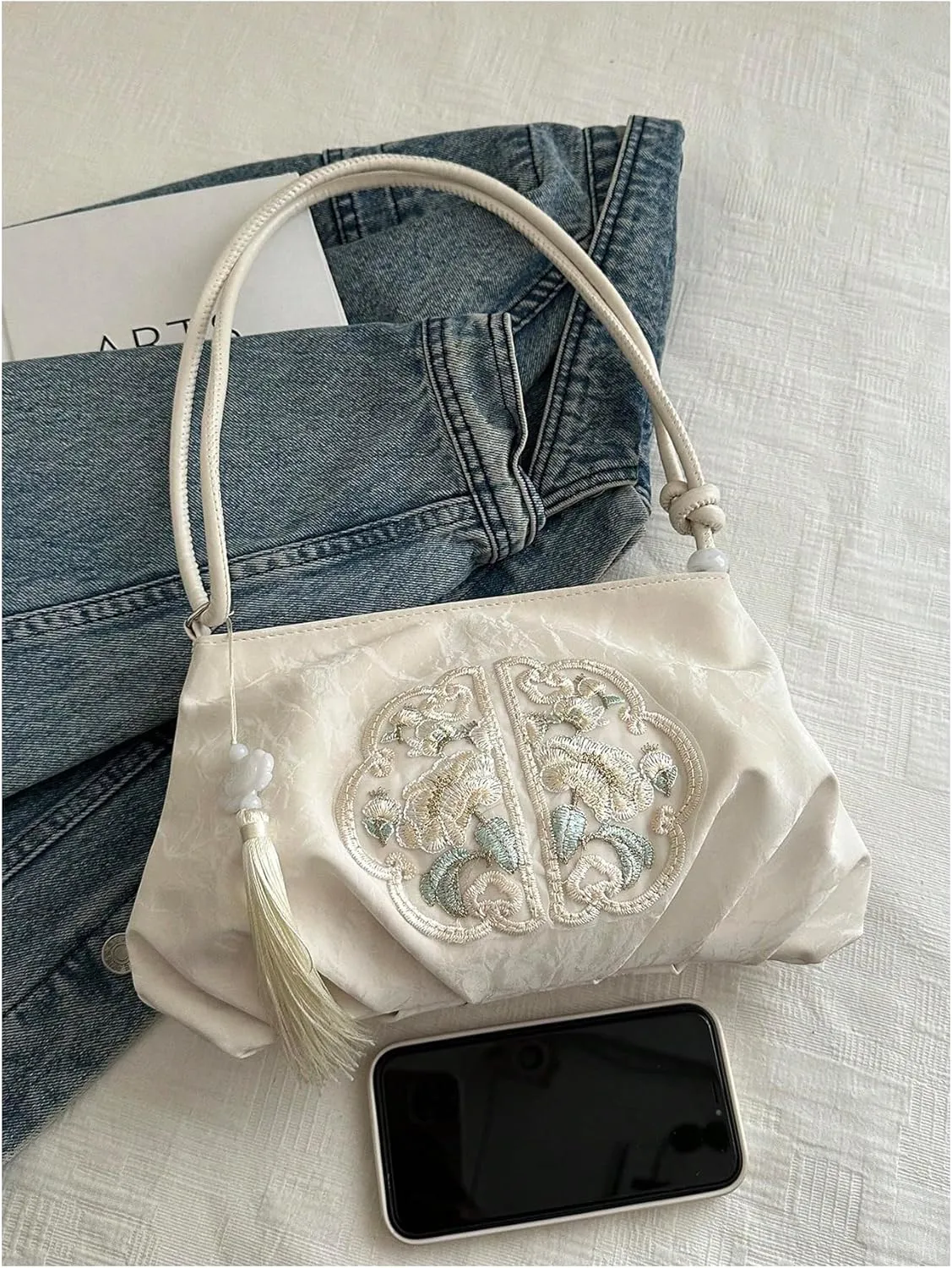 OYOANGLE Women's Floral Embroidered Shoulder Bags Fringe Small Underarm Purse Handbags Elegant Crossbody Bag
