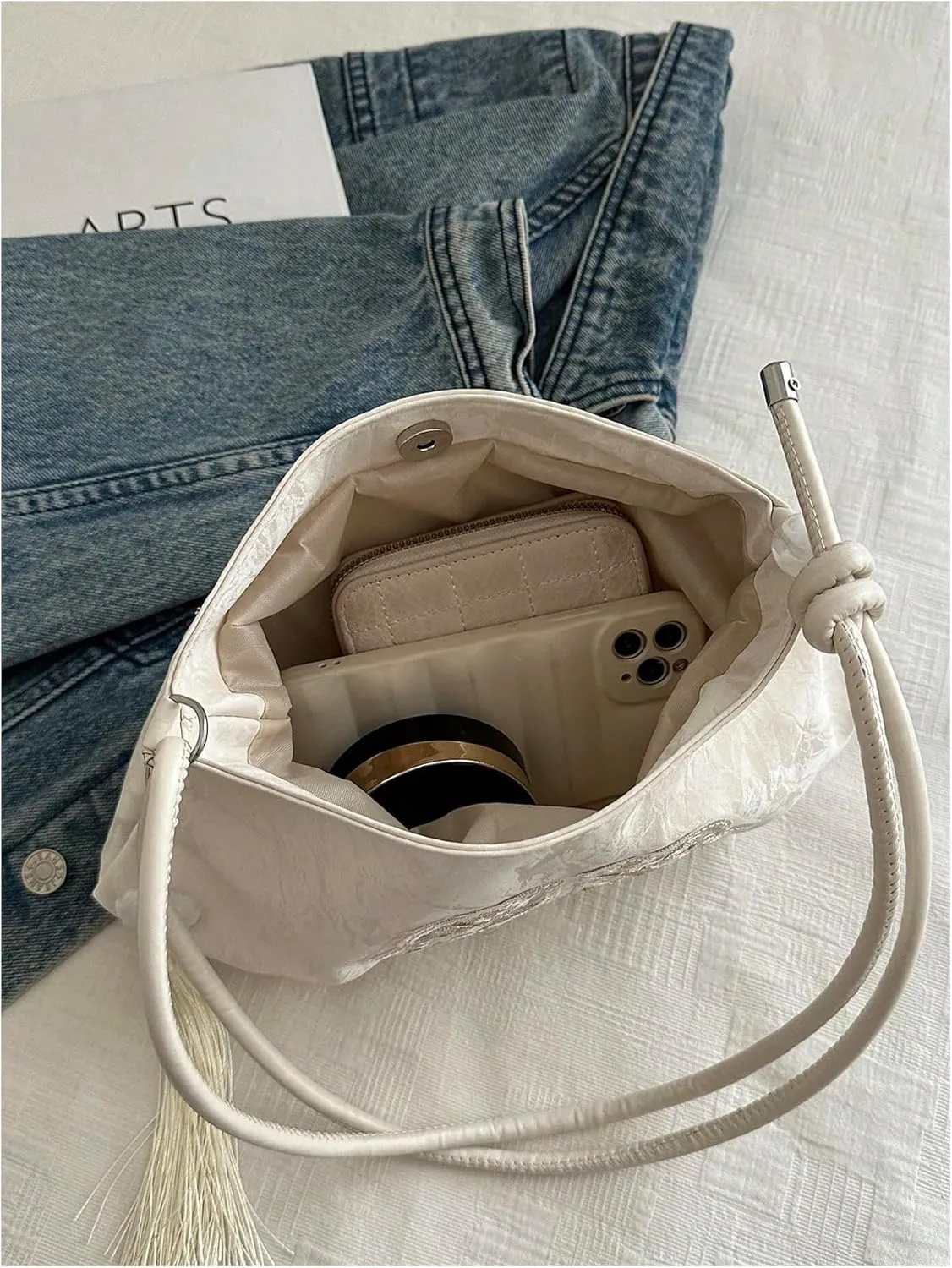 OYOANGLE Women's Floral Embroidered Shoulder Bags Fringe Small Underarm Purse Handbags Elegant Crossbody Bag