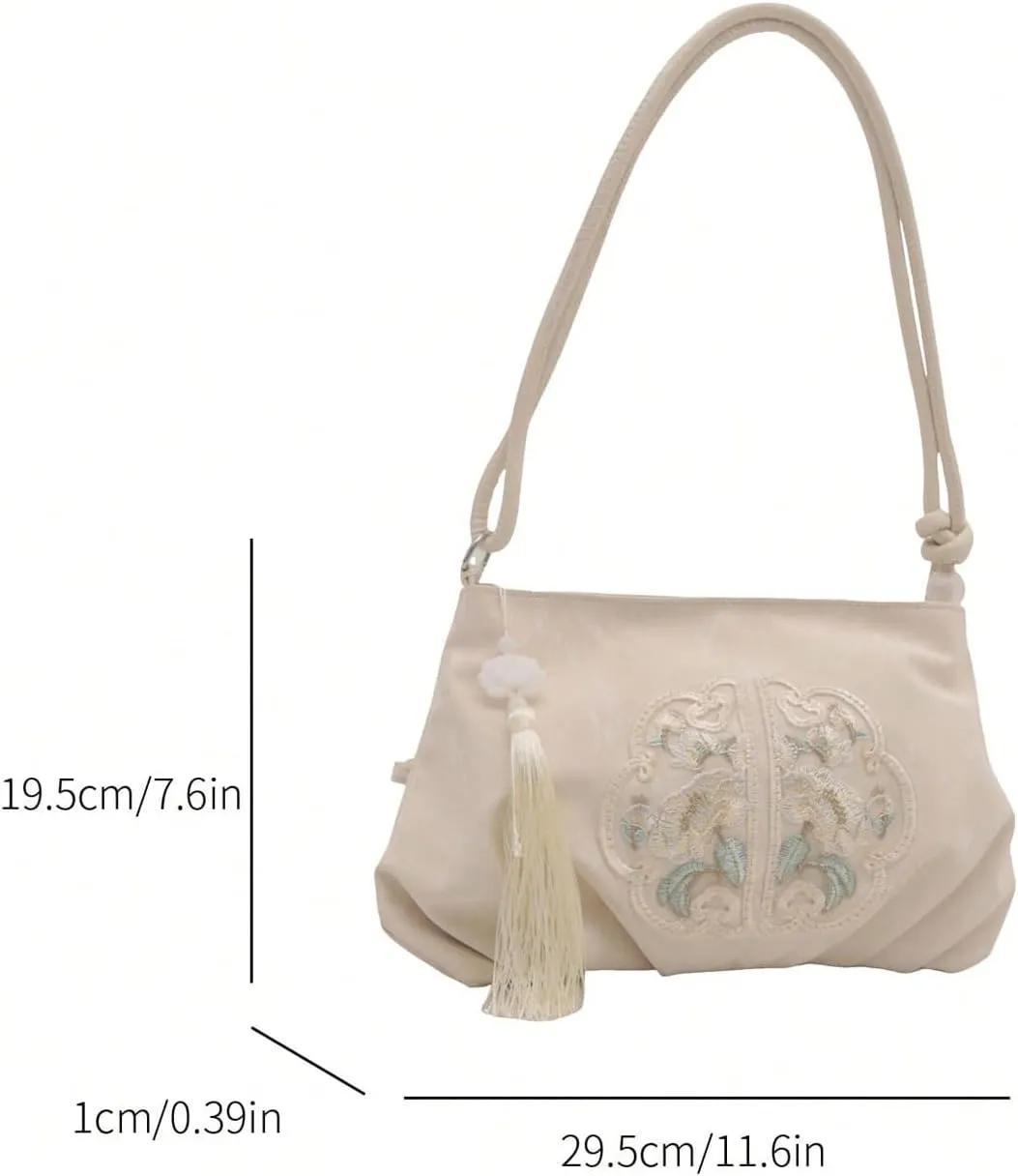 OYOANGLE Women's Floral Embroidered Shoulder Bags Fringe Small Underarm Purse Handbags Elegant Crossbody Bag
