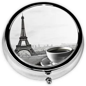 Parisian Coffee Eiffel Tower Pill Box Round Pill Case for Pocket Purse 3 Compartment Medicine Pill Organizer Cute Portable Travel Pillbox Vitamin Cod Liver Oil Storage Box Unique Gift Organizer