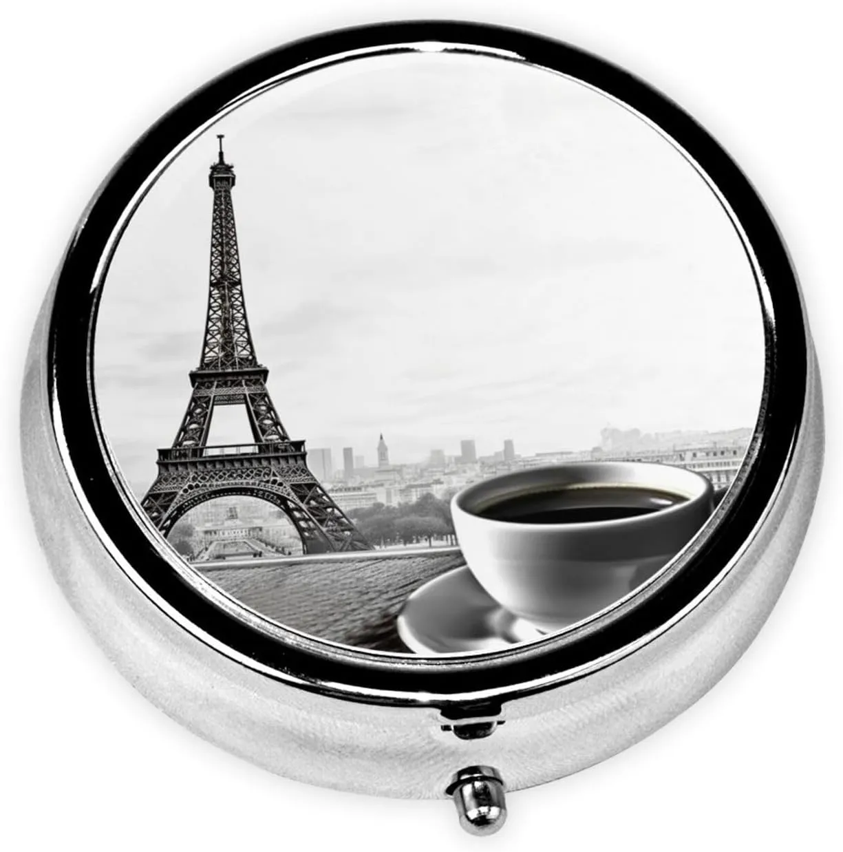 Parisian Coffee Eiffel Tower Pill Box Round Pill Case for Pocket Purse 3 Compartment Medicine Pill Organizer Cute Portable Travel Pillbox Vitamin Cod Liver Oil Storage Box Unique Gift Organizer