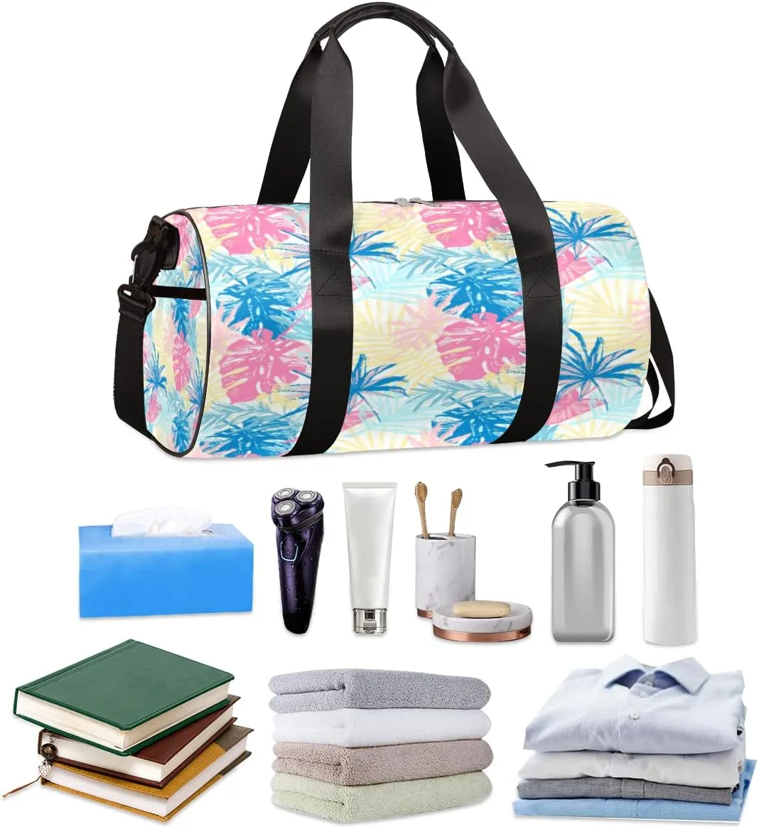 Pastel Tropic Leaves Gym Bag Small Gym Duffel Bags for Men Women Colorful Overnight Weekender Bag Lightweight Sport Duffle Bag Carry On Gymbag