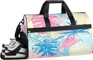 Pastel Tropic Leaves Sport Gym Duffle Colorful Travel Bag for Men Women Gym Bag Lightweight Duffel with Shoe Compartment