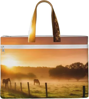 Pasture at Sundown in Orange Sunny Beams printed Canvas Tote File Bag Fashion Handbag Shoulder Bag