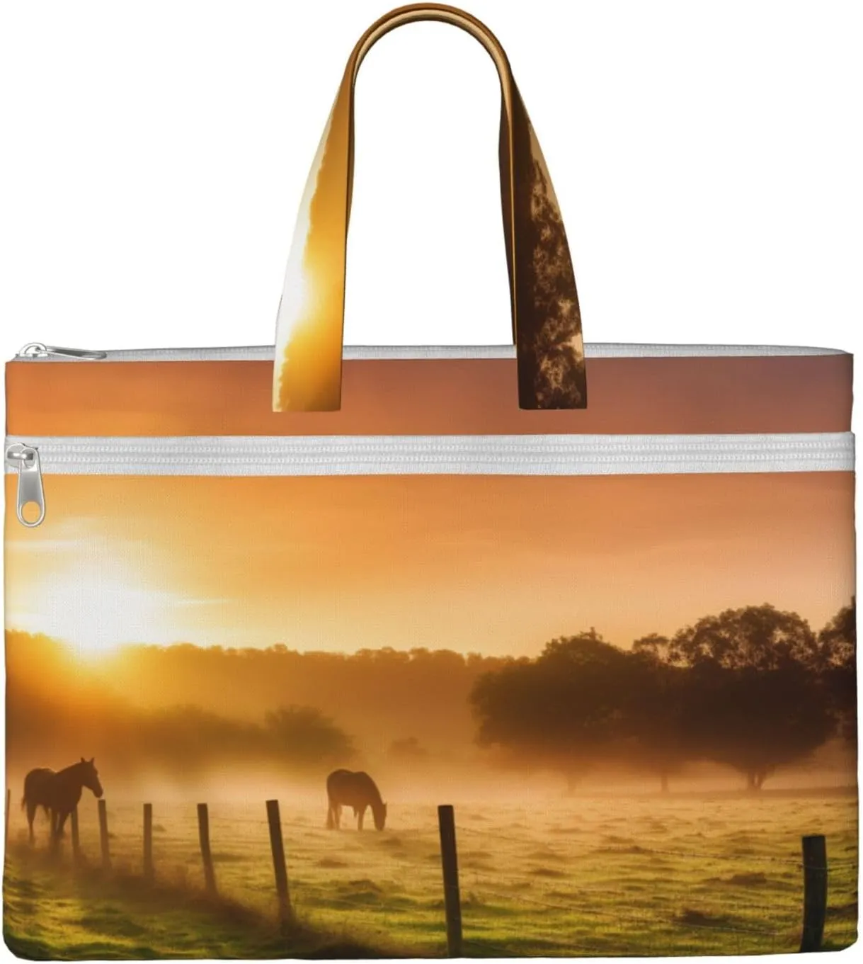 Pasture at Sundown in Orange Sunny Beams printed Canvas Tote File Bag Fashion Handbag Shoulder Bag