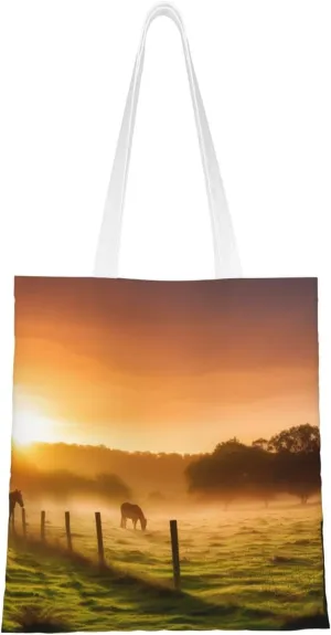 Pasture at Sundown in Orange Sunny Beams printed Reusable Tote Shopping Bag Fashion Handbag