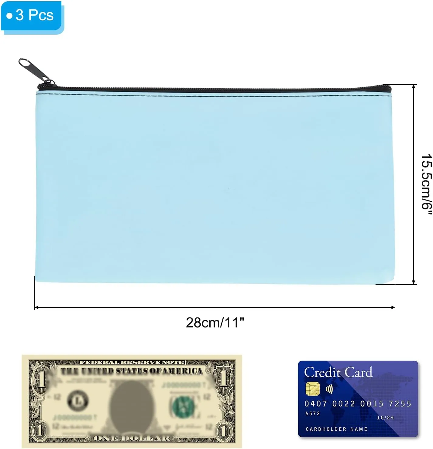 PATIKIL 11"x 6" Bank Deposit Bag, 3Pcs Money Bag Bank Bag Security Money Pouch Receipt Holder for Tickets Coin Makeup Cosmetics Bills, Sky Blue