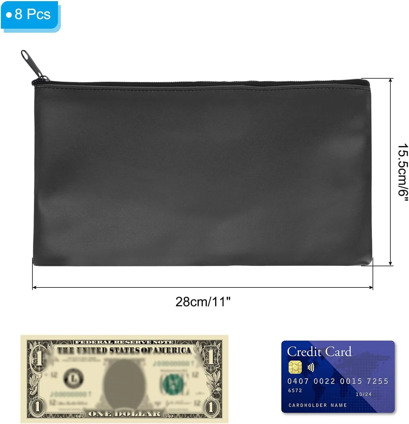 PATIKIL 11"x 6" Bank Deposit Bag, 8Pcs Money Bag Bank Bag Security Money Pouch Receipt Holder for Tickets Coin Makeup Cosmetics Bills, Black