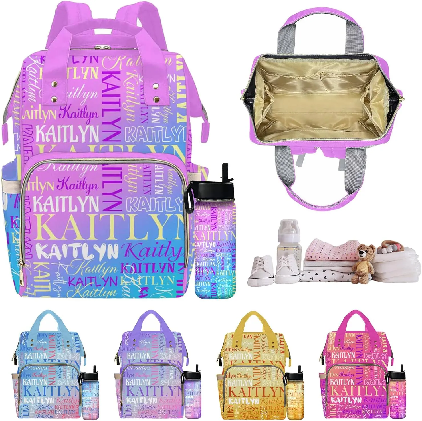 Personalized Baby Girl Diaper Bags with Name, Custom Colorful Text Diaper Bag for Mother's Day Customized Baby Boy Diaper Bags for Dad, Multi-function Backpack for Travel, Camping