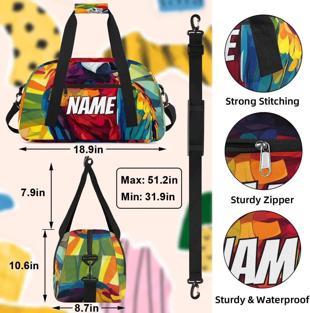 Personalized Custom Gym Bag for Women Men Carry on Colorful Parrot Travel Duffel Tote Tropical Bird Overnight Workout Weekender Bag