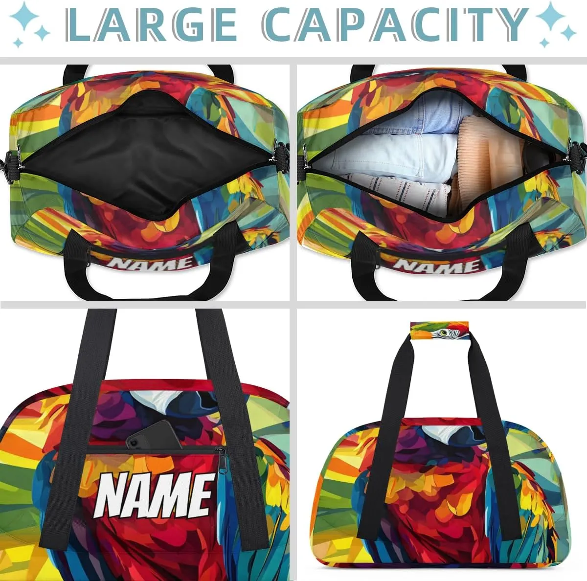 Personalized Custom Gym Bag for Women Men Carry on Colorful Parrot Travel Duffel Tote Tropical Bird Overnight Workout Weekender Bag