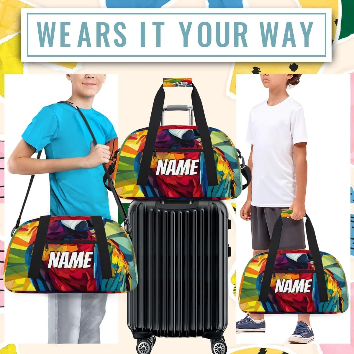 Personalized Custom Gym Bag for Women Men Carry on Colorful Parrot Travel Duffel Tote Tropical Bird Overnight Workout Weekender Bag