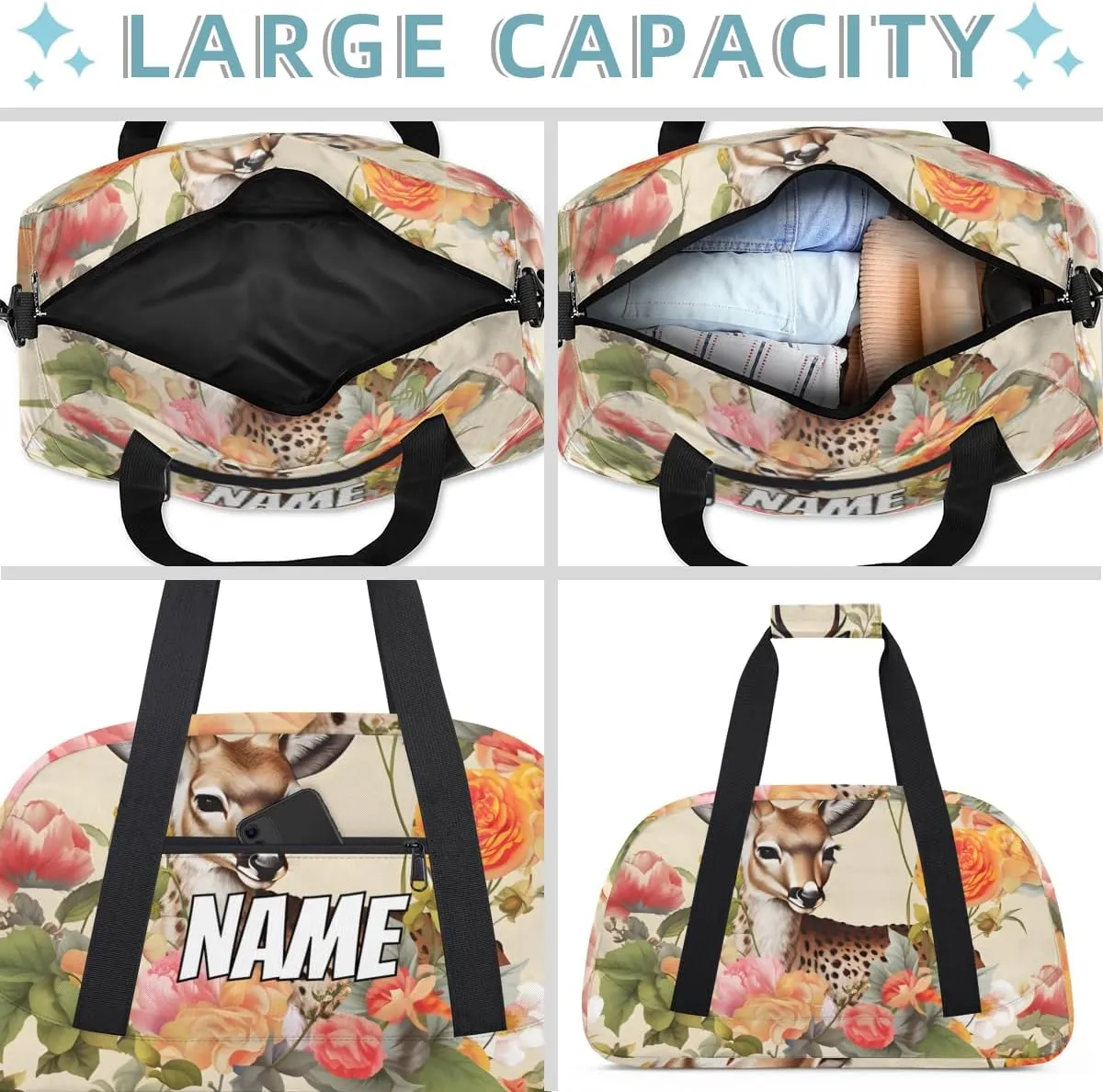 Personalized Custom Gym Bag for Women Men Carry on Jungle Elk Travel Duffel Tote Colorful Flower Overnight Workout Weekender Bag