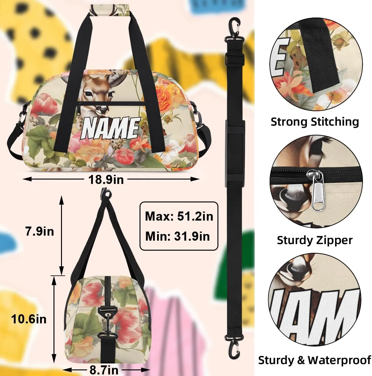 Personalized Custom Gym Bag for Women Men Carry on Jungle Elk Travel Duffel Tote Colorful Flower Overnight Workout Weekender Bag