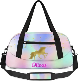Personalized Dance Bag Gym Bag for Girl, Custom Sport Duffel Bag Weekender Bags Travel Duffel Bag Colorful Unicorn Gold