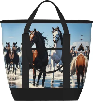 Personalized Insulated Tote Bags for Women with Zipper, Custom Large Capacity Casual Shoulder Handbags, Customized Cooler Shopping Grocery Travel Lunch Bag, Horses Crossing River