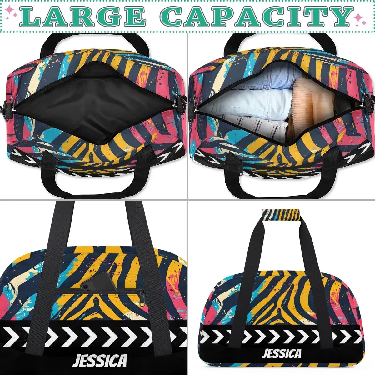 Personalized Kids Duffel Bag Colorful Zebra Print,Custom Sport Gym Bag for Boys Girls,Weekender Overnight Bags Travel Duffel Bag,Customized Kids Gift