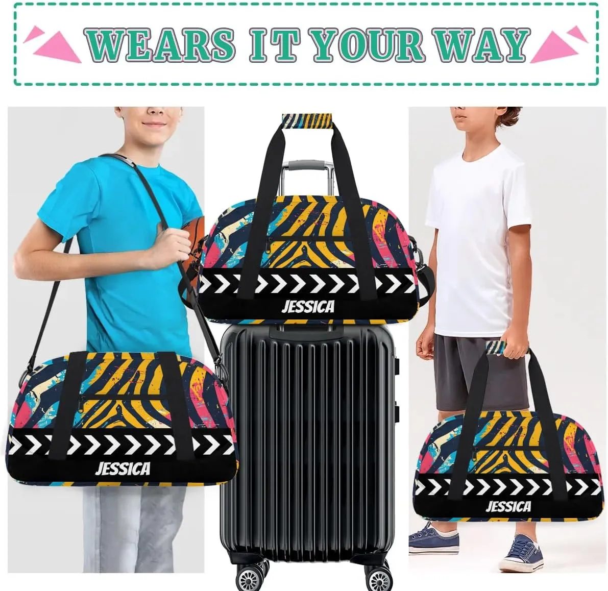 Personalized Kids Duffel Bag Colorful Zebra Print,Custom Sport Gym Bag for Boys Girls,Weekender Overnight Bags Travel Duffel Bag,Customized Kids Gift