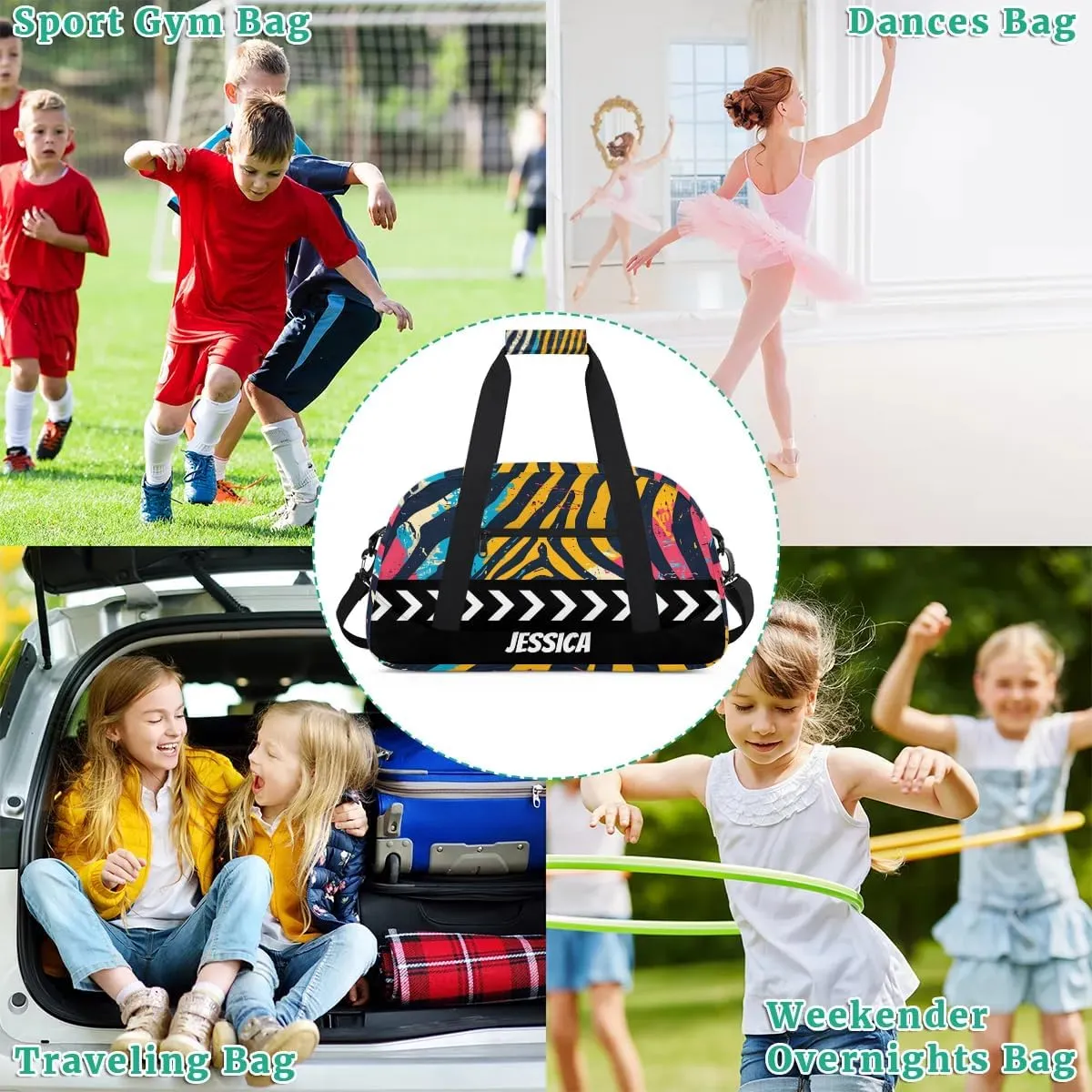 Personalized Kids Duffel Bag Colorful Zebra Print,Custom Sport Gym Bag for Boys Girls,Weekender Overnight Bags Travel Duffel Bag,Customized Kids Gift