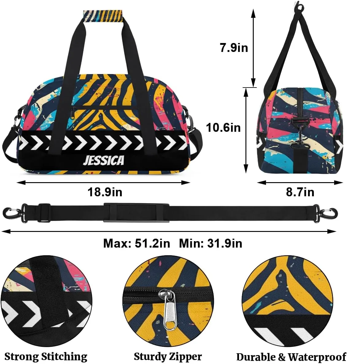Personalized Kids Duffel Bag Colorful Zebra Print,Custom Sport Gym Bag for Boys Girls,Weekender Overnight Bags Travel Duffel Bag,Customized Kids Gift