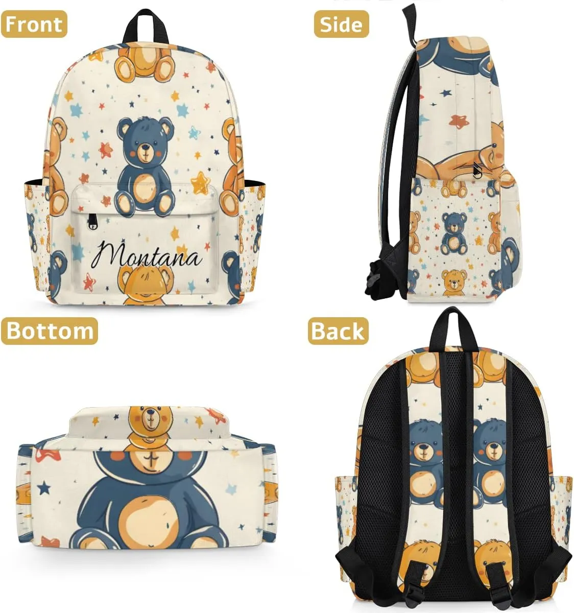 Personalized Stars and Bear Backpack for Boys Girls, Waterproof Lightweight Kindergarten Elementary Book Bag for Kids Cute Daycare Travel Bag