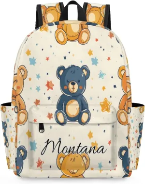 Personalized Stars and Bear Backpack for Boys Girls, Waterproof Lightweight Kindergarten Elementary Book Bag for Kids Cute Daycare Travel Bag