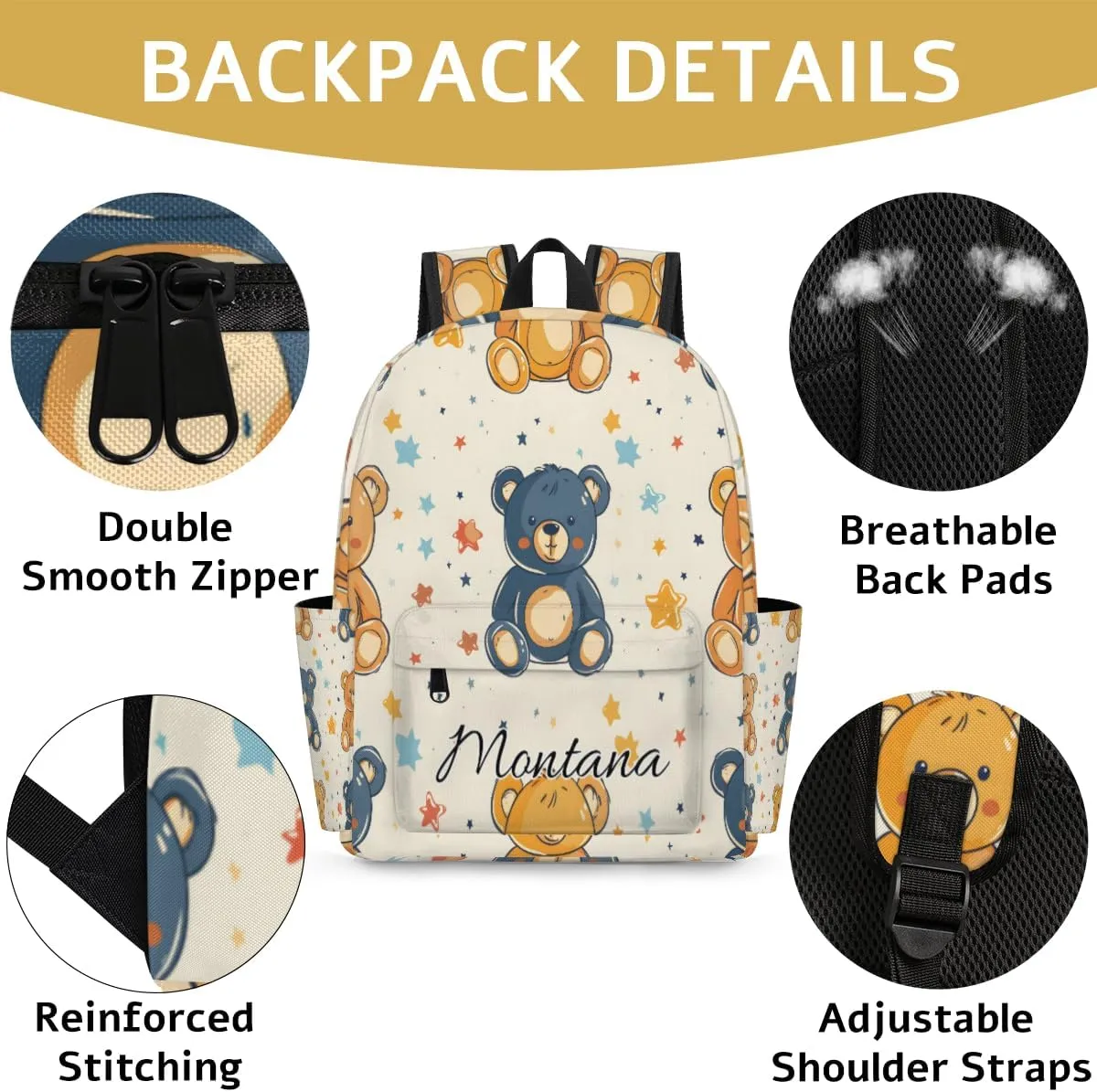 Personalized Stars and Bear Backpack for Boys Girls, Waterproof Lightweight Kindergarten Elementary Book Bag for Kids Cute Daycare Travel Bag
