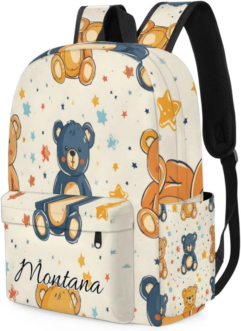 Personalized Stars and Bear Backpack for Boys Girls, Waterproof Lightweight Kindergarten Elementary Book Bag for Kids Cute Daycare Travel Bag