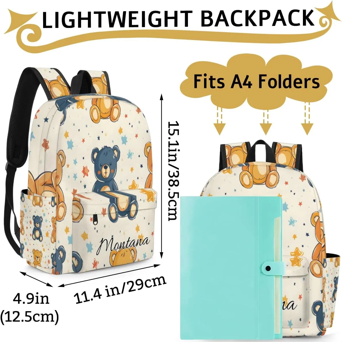 Personalized Stars and Bear Backpack for Boys Girls, Waterproof Lightweight Kindergarten Elementary Book Bag for Kids Cute Daycare Travel Bag