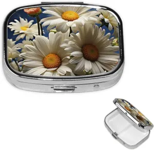 Pill Case with Mirror Retro 2 Compartment Pill Box Floral Daisy Small Pill Organizer for Purse or Pocket Decorative Metal Medicine Vitamin Organizer Unique Gifts