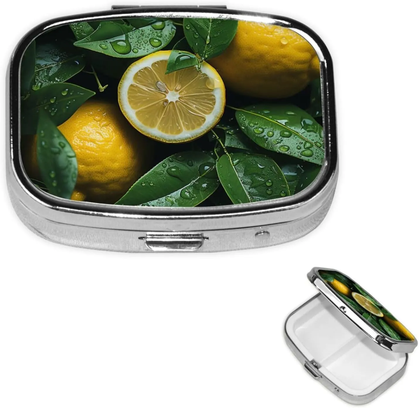 Pill Case with Mirror Retro 2 Compartment Pill Box Fresh Lemon Small Pill Organizer for Purse or Pocket Decorative Metal Medicine Vitamin Organizer Unique Gifts