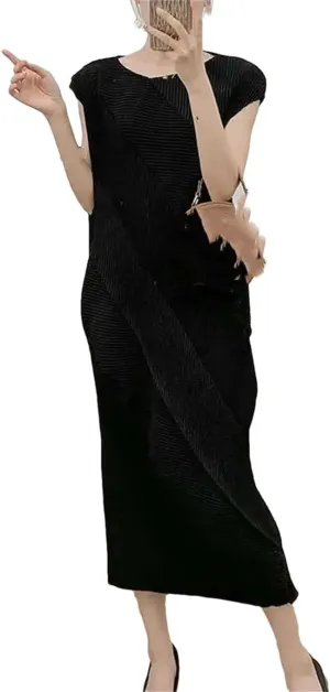 Pleated Dress for Women O-Neck Sleeveless Solid Color Casual Dresses