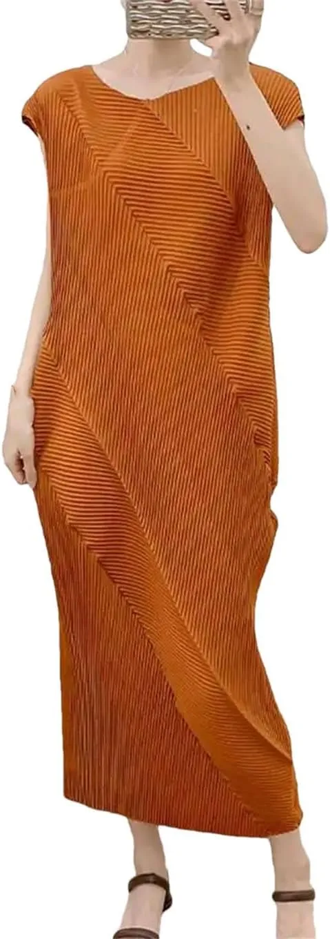 Pleated Dress for Women O-Neck Sleeveless Solid Color Casual Dresses