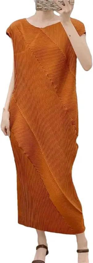 Pleated Dress for Women O-Neck Sleeveless Solid Color Casual Dresses