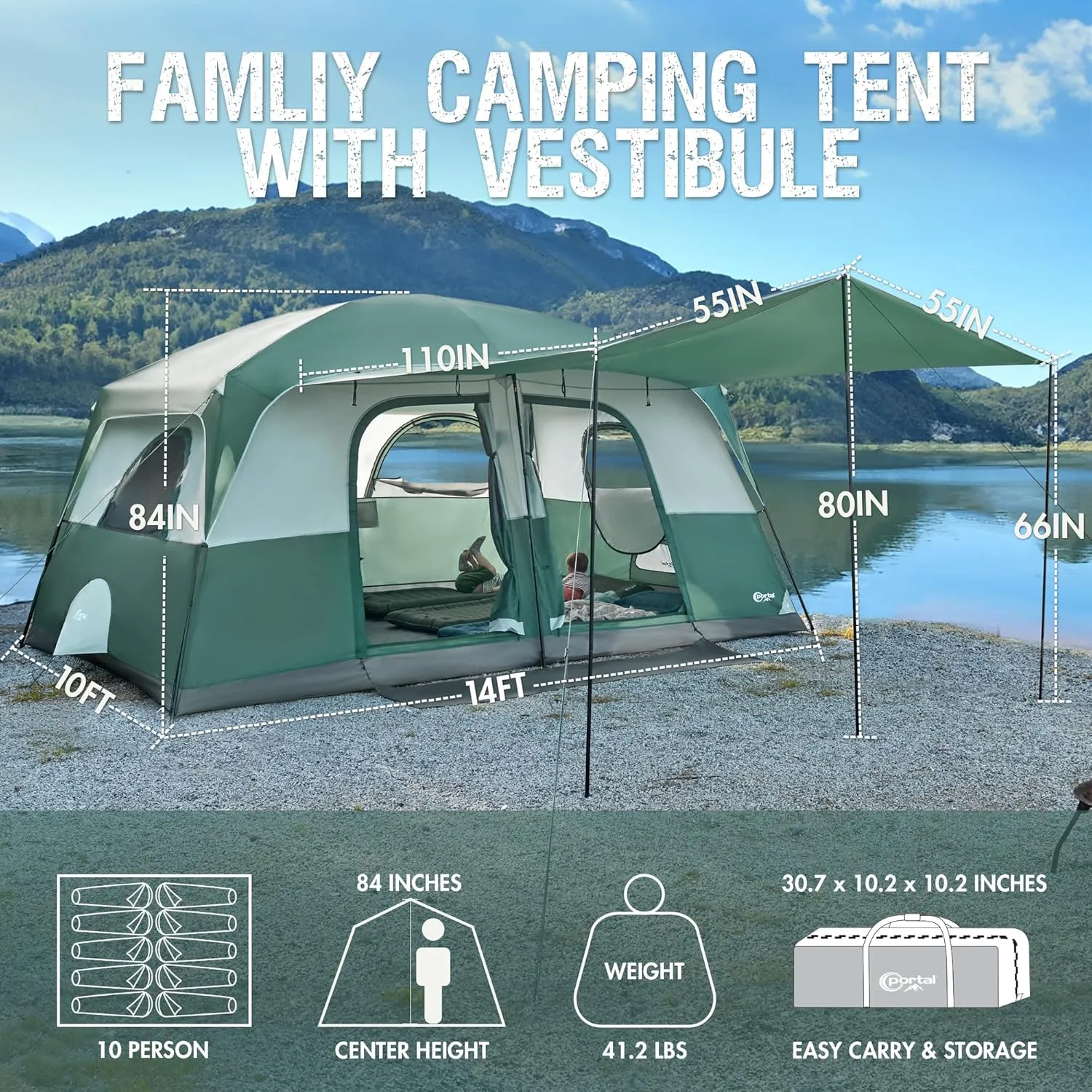 PORTAL 6 | 8 | 10 Person Family Camping Tent with Porch, Big Family Camping Tent with Tall Height, Good Ventilation, Water Resitant Large Tent for Outdoor Camping, Backyard