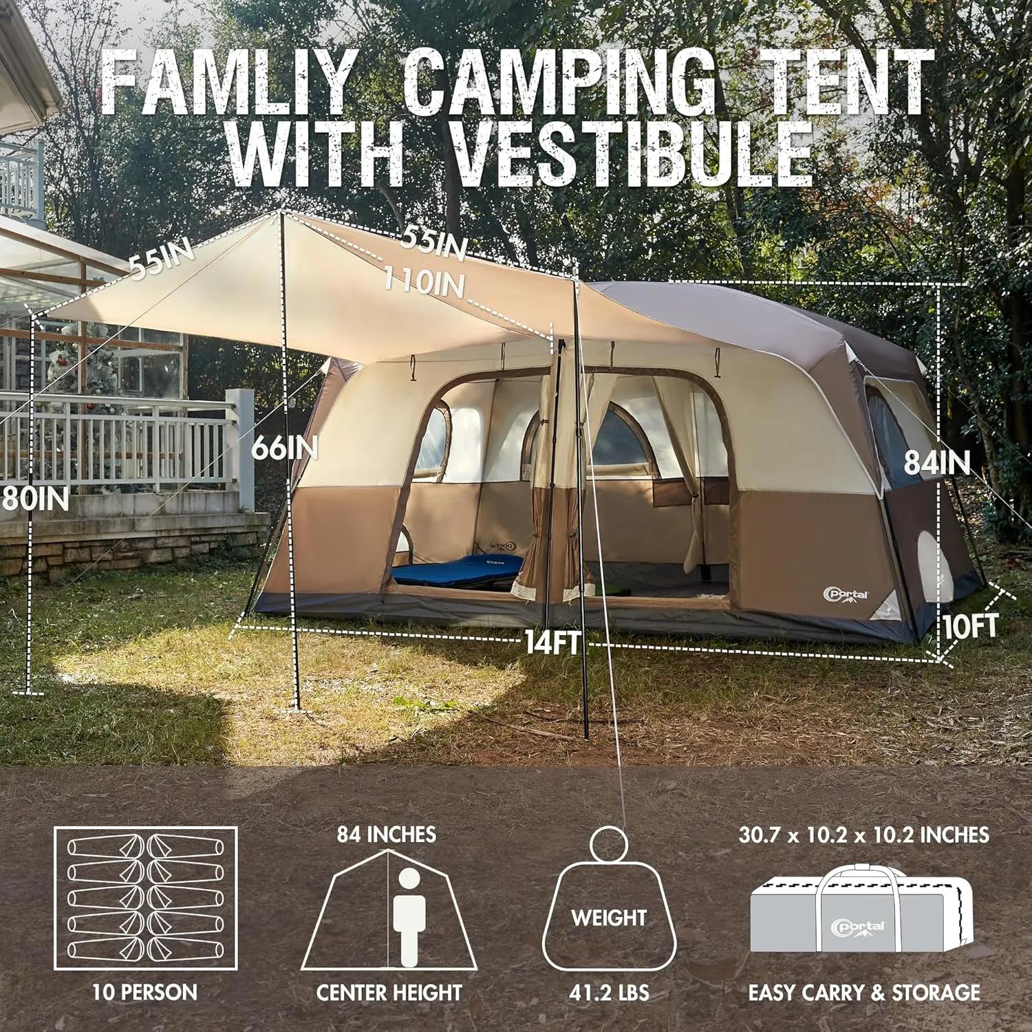 PORTAL 6 | 8 | 10 Person Family Camping Tent with Porch, Big Family Camping Tent with Tall Height, Good Ventilation, Water Resitant Large Tent for Outdoor Camping, Backyard