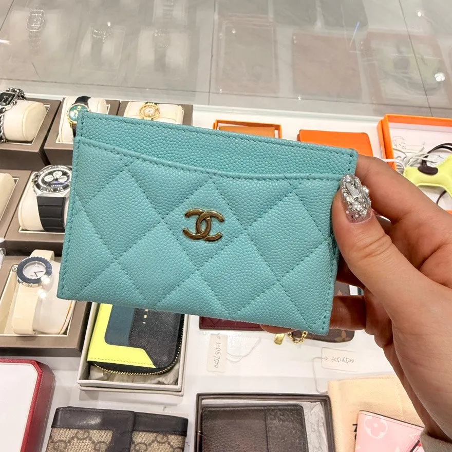Preloved Chanel Quilted Card Case in Turquoise Leather