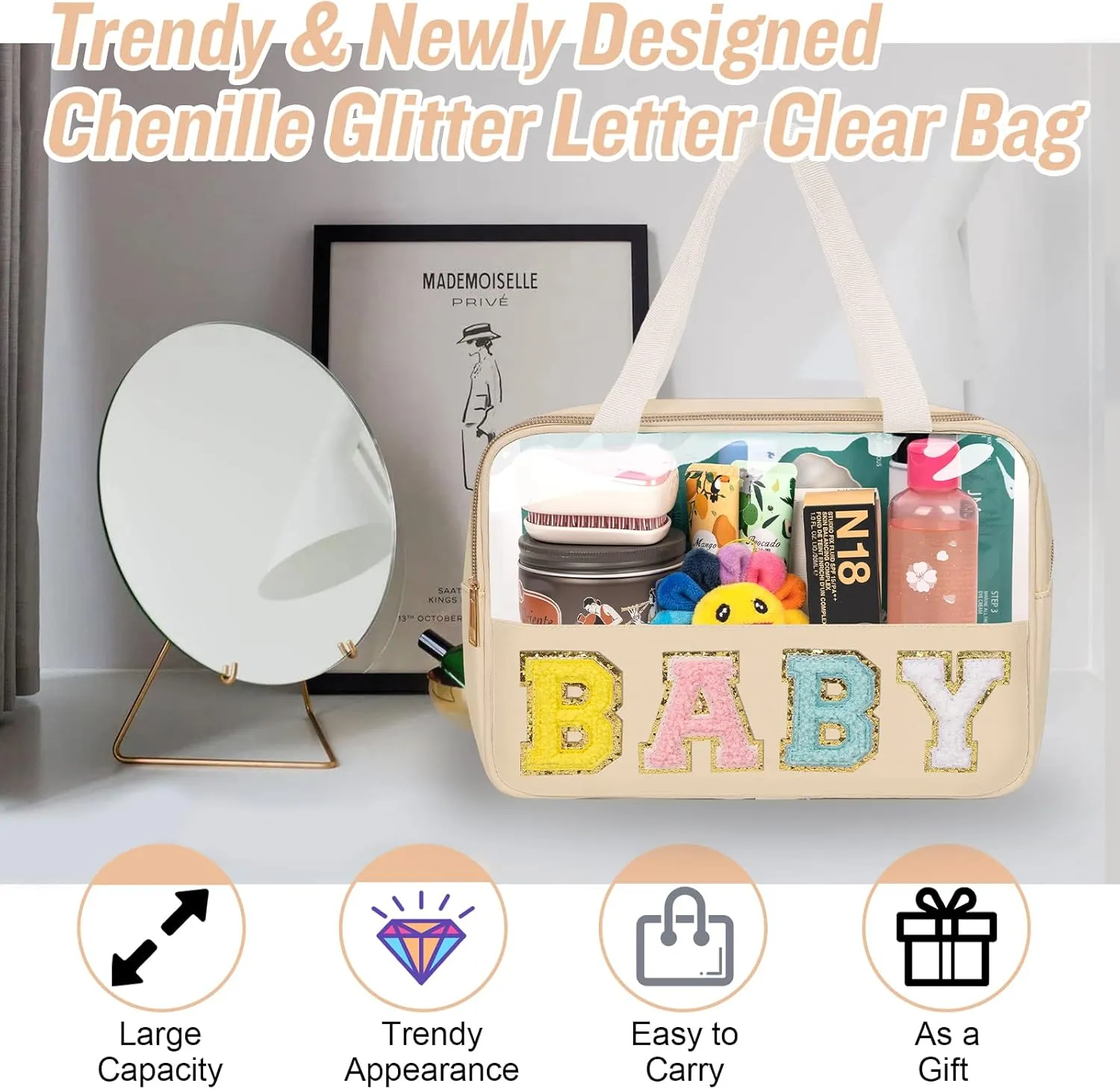 Preppy Clear Baby Makeup Bags with Chenille Letter Patches, Travel Essentials Large Clear Make up Bag Zipper Pouch with Handle, Waterproof Nylon Cosmetic Toiletry Storage Tote for Women (BABY-Beige)