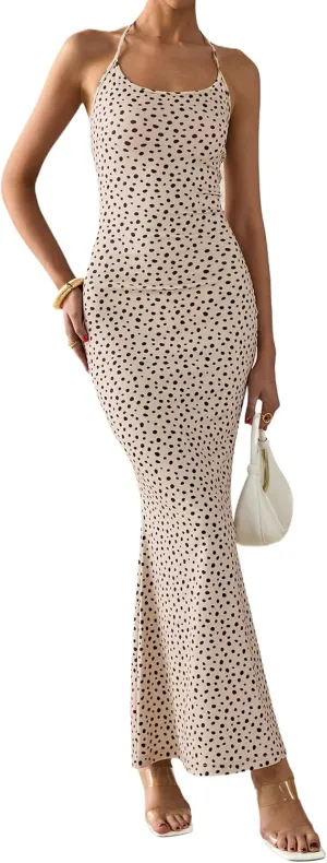 PRETTYGARDEN Maxi Dresses for Women 2025 Summer Halter Leopard Print Sleeveless Sexy Bodycon Cruise Cocktail Long Dress