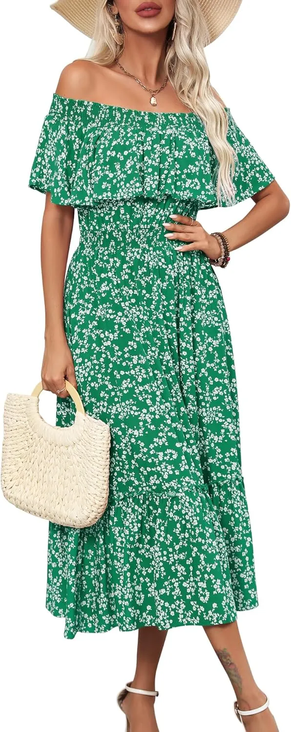 Prettywear Women's 2025 Spring Summer Boho Off Shoulder Midi Dress Floral Short Sleeve A Line Casual Beach Vacation Dresses