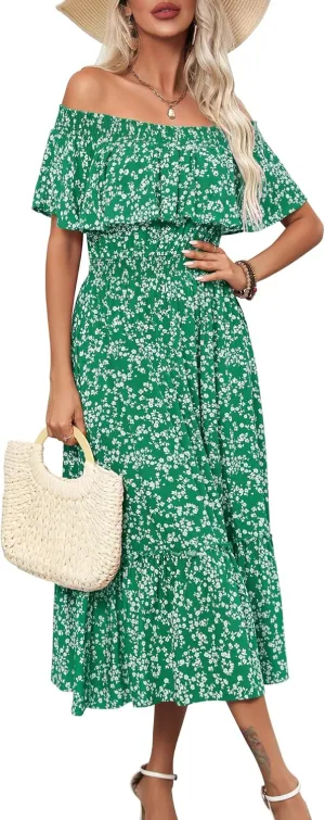 Prettywear Women's 2025 Spring Summer Boho Off Shoulder Midi Dress Floral Short Sleeve A Line Casual Beach Vacation Dresses