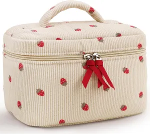 Prite Corduroy Large Travel Quilted Makeup Bag for Women Floral Cotton Cosmetic Bag Coquette Aesthetic Floral Toiletry Organizer Bag(Strawberry)