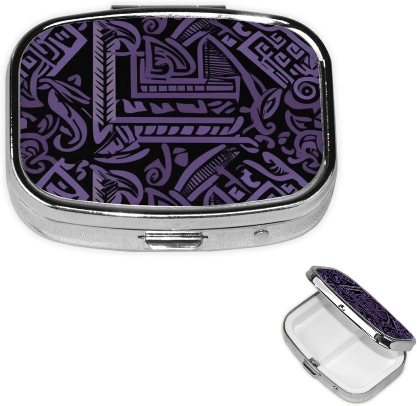 Purple and Black Greek Pattern Pill Box Round Pill Case for Pocket Purse 2 Compartment Medicine Pill Organizer Cute Portable Travel Pillbox Vitamin Cod Liver Oil Storage Box Unique Gift Organizer