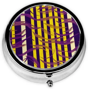 Purple and Yellow Stripes Pill Box Round Pill Case for Pocket Purse 3 Compartment Medicine Pill Organizer Cute Portable Travel Pillbox Vitamin Cod Liver Oil Storage Box Unique Gift Organizer