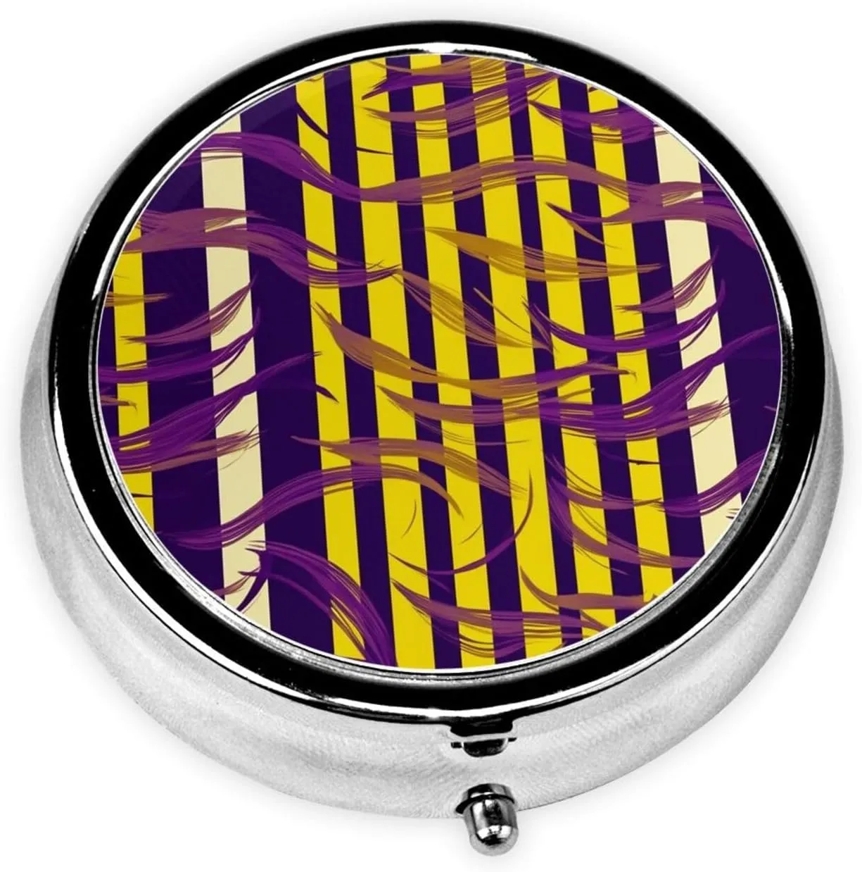 Purple and Yellow Stripes Pill Box Round Pill Case for Pocket Purse 3 Compartment Medicine Pill Organizer Cute Portable Travel Pillbox Vitamin Cod Liver Oil Storage Box Unique Gift Organizer