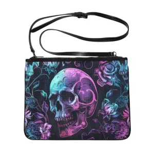 Purple Blue Skull & Floral Pattern Slim Clutch Bag